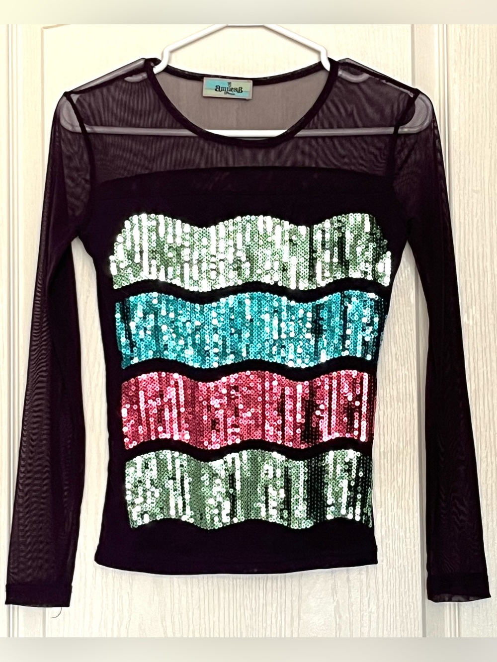 Amnesia Paris Vintage 90s Sheer Mesh Sequin Wavy Long Sleeve Top Size XS